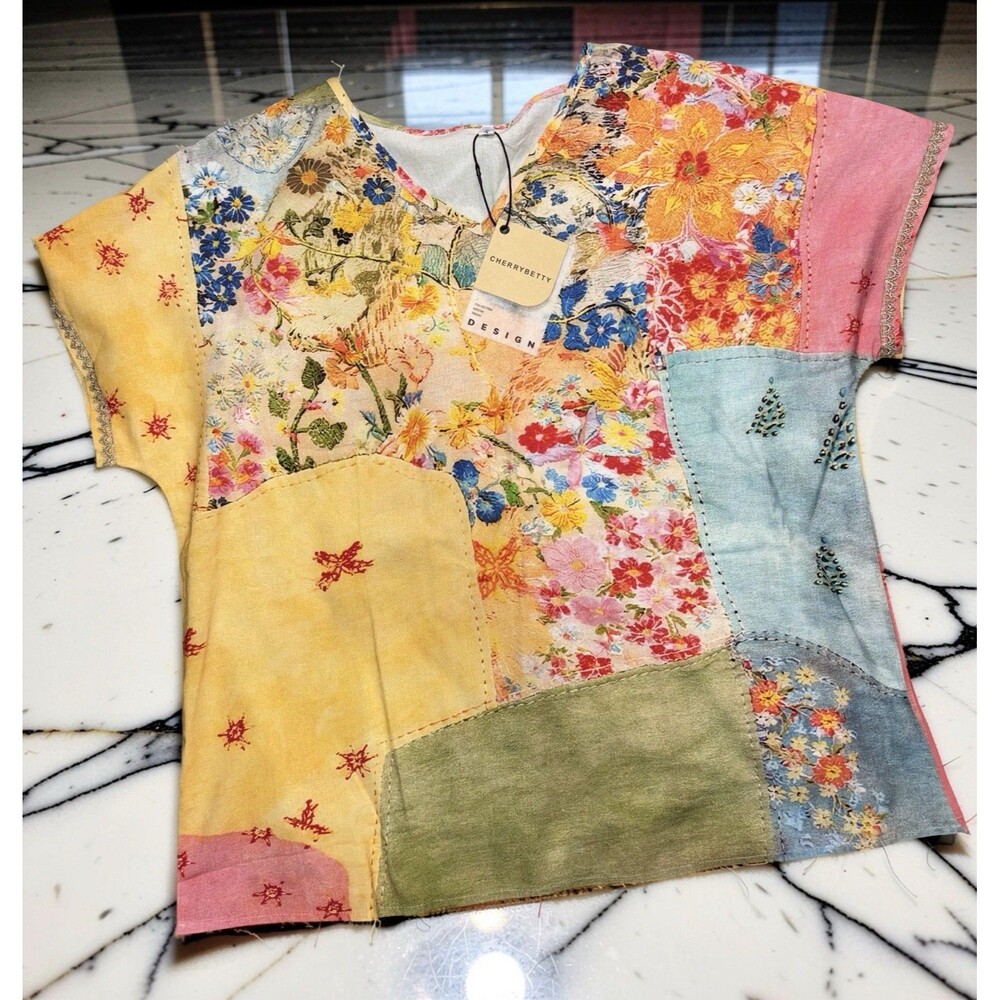 NWT Cherrybetty 2XL 100% Cotton Boho Retro Mixed Floral Print V-Neck Tunic Shirt